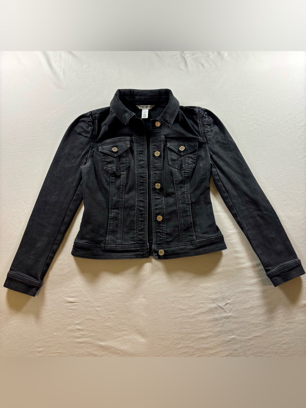 White House Black Market Black Denim Jacket with Button Front XS